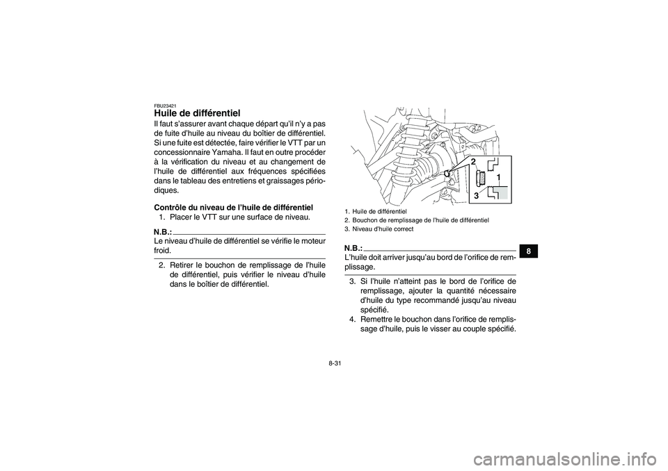 YAMAHA GRIZZLY 700 2008 Notices Demploi (in French) 8-31
8
FBU23421Huile de différentiel Il faut s’assurer avant chaque départ qu’il n’y a pas
de fuite d’huile au niveau du boîtier de différentiel.
Si une fuite est détectée, faire vérifi YAMAHA GRIZZLY 700 2008 Notices Demploi (in French) 8-31
8
FBU23421Huile de différentiel Il faut s’assurer avant chaque départ qu’il n’y a pas
de fuite d’huile au niveau du boîtier de différentiel.
Si une fuite est détectée, faire vérifi