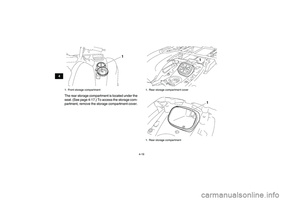 YAMAHA GRIZZLY 700 2007  Owners Manual 4-19
4
The rear storage compartment is located under the
seat. (See page 4-17.) To access the storage com-
partment, remove the storage compartment cover.
1. Front storage compartment
1. Rear storage 