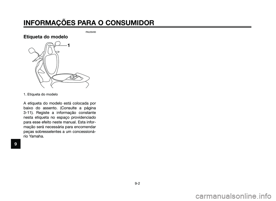 YAMAHA JOG50R 2015  Manual de utilização (in Portuguese) PAU26490
Etiqueta do modelo
1. Etiqueta do modelo
A etiqueta do modelo está colocada por
baixo do assento. (Consulte a página 
3-11). Registe a informação constante
nesta etiqueta no espaço provi
