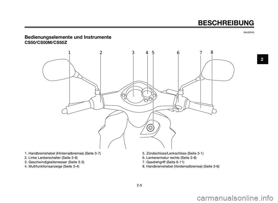 YAMAHA JOG50R 2013  Betriebsanleitungen (in German) GAU32240
Bedienungselemente\/ und Instrumente
CS50/CS50\f/CS50Z
12 3 4
5 6 7 8
BESCH\bEIBUNG
2-5
2
1. Handbre\fshebel \bHinterradbre\fse) \bSeite 3-7)
2. Linke Lenkerschalter \bSeite 3-6)
3. Geschwind