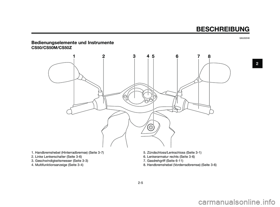 YAMAHA JOG50R 2009  Betriebsanleitungen (in German) GAU32240
Bedienungselemente und Instrumente
CS50/CS50M/CS50Z
1
234
5
67
8
BESCHREIBUNG
2-5
2
1. Handbremshebel (Hinterradbremse) (Seite 3-7)
2. Linke Lenkerschalter (Seite 3-6)
3. Geschwindigkeitsmess