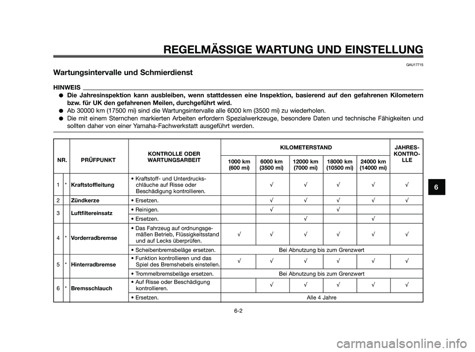YAMAHA JOG50R 2009 Betriebsanleitungen (in German) REGELMÄSSIGE WARTUNG UND EINSTELLUNG
6-2
6
GAU17715
Wartungsintervalle und Schmierdienst
HINWEIS
Die Jahresinspektion kann ausbleiben, wenn stattdessen eine Inspektion, basierend auf den gefahrenen YAMAHA JOG50R 2009 Betriebsanleitungen (in German) REGELMÄSSIGE WARTUNG UND EINSTELLUNG
6-2
6
GAU17715
Wartungsintervalle und Schmierdienst
HINWEIS
Die Jahresinspektion kann ausbleiben, wenn stattdessen eine Inspektion, basierend auf den gefahrenen