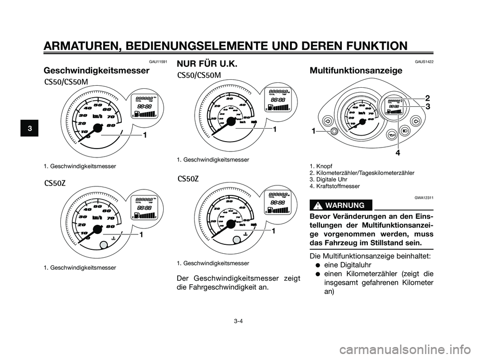 YAMAHA JOG50R 2008  Betriebsanleitungen (in German) GAU11591
Geschwindigkeitsmesser
1. Geschwindigkeitsmesser
1. Geschwindigkeitsmesser
NUR FÜR U.K.
1. Geschwindigkeitsmesser
1. Geschwindigkeitsmesser
Der Geschwindigkeitsmesser zeigt
die Fahrgeschwind