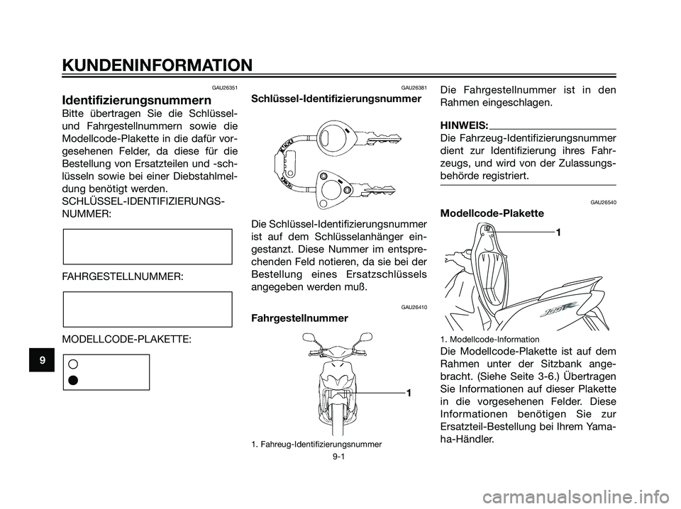 YAMAHA JOG50R 2006  Betriebsanleitungen (in German) GAU26351
Identifizierungsnummern
Bitte übertragen Sie die Schlüssel-
und Fahrgestellnummern sowie die
Modellcode-Plakette in die dafür vor-
gesehenen Felder, da diese für die
Bestellung von Ersatz