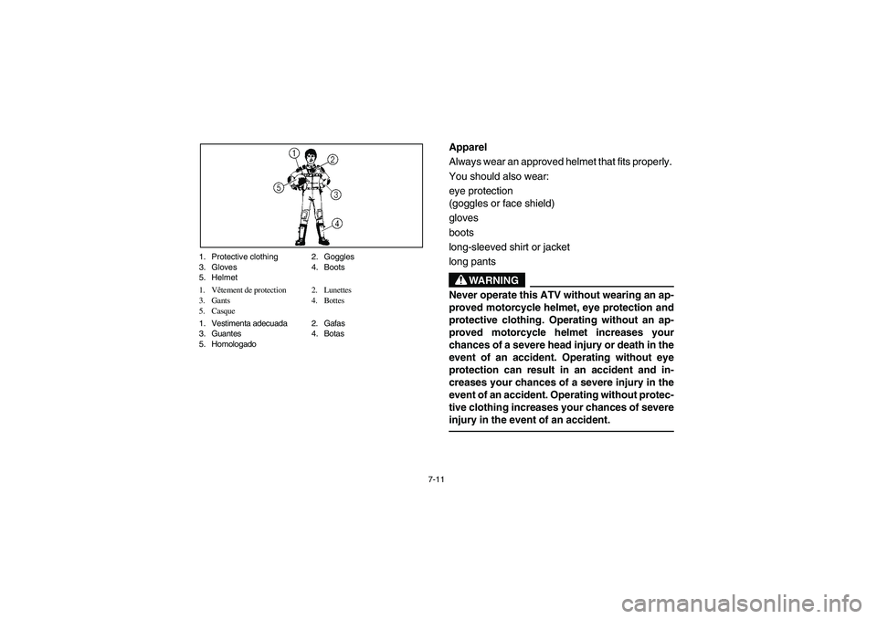 YAMAHA KODIAK 400 2003  Manuale de Empleo (in Spanish) 7-11 1. Protective clothing 2. Goggles
3. Gloves 4. Boots
5. Helmet
1. Vêtement de protection 2. Lunettes
3. Gants 4. Bottes
5. Casque
1. Vestimenta adecuada 2. Gafas
3. Guantes 4. Botas
5. Homologad