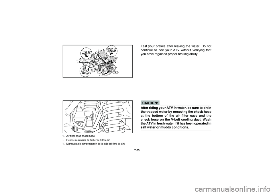 YAMAHA KODIAK 400 2003  Manuale de Empleo (in Spanish) 7-65
1. Air filter case check hose
1. Flexible de contrôle du boîtier de filtre à air
1. Manguera de comprobación de la caja del filtro de aire
Test your brakes after leaving the water. Do not
con