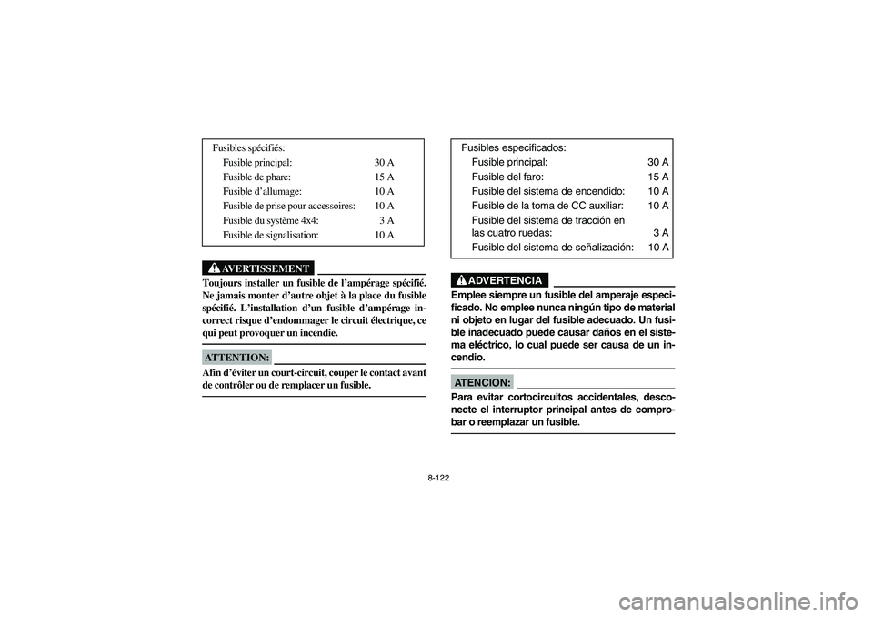YAMAHA KODIAK 400 2003 Manuale de Empleo (in Spanish) 8-122
AVERTISSEMENT
_ Toujours installer un fusible de l’ampérage spécifié.
Ne jamais monter d’autre objet à la place du fusible
spécifié. L’installation d’un fusible d’ampérage in-
c YAMAHA KODIAK 400 2003 Manuale de Empleo (in Spanish) 8-122
AVERTISSEMENT
_ Toujours installer un fusible de l’ampérage spécifié.
Ne jamais monter d’autre objet à la place du fusible
spécifié. L’installation d’un fusible d’ampérage in-
c