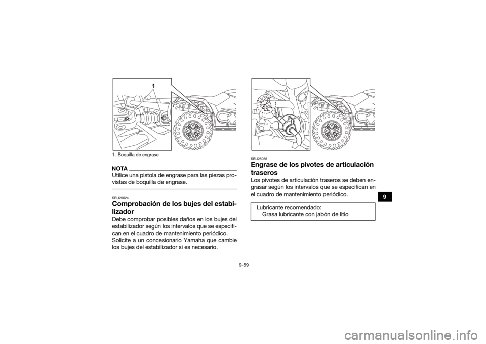 YAMAHA KODIAK 450 2022  Manuale de Empleo (in Spanish) 9-59
9
NOTAUtilice una pistola de engrase para las piezas pro-
vistas de boquilla de engrase. SBU25024Comprobación de los bujes del estabi-
lizadorDebe comprobar posibles daños en los bujes del
esta