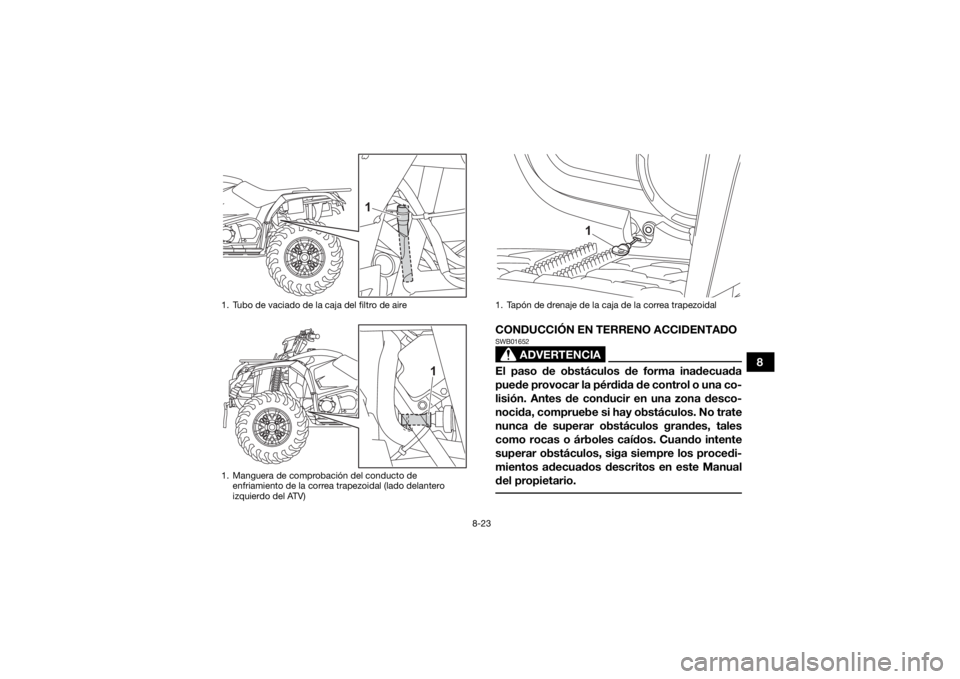 YAMAHA KODIAK 450 2022  Manuale de Empleo (in Spanish) 8-23
8
CONDUCCIÓN EN TERRENO ACCIDENTADO
ADVERTENCIA
SWB01652El paso de obstáculos de forma inadecuada
puede provocar la pérdida de control o una co-
lisión. Antes de conducir en una zona desco-
n