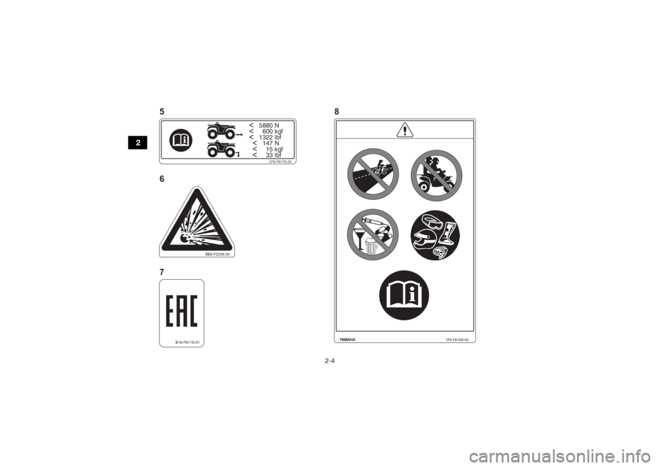 YAMAHA KODIAK 450 2021  Manuale de Empleo (in Spanish) 2-4
2
<   5880 N<     600 kgf<   1322 lbf
  <   147 N
  <     15 kgf
  <     33 lbf
37S-F817S-00
1P0-F816R-00
BB5-F2259-20
B16-F811S-01
8
5
6
7
UBEY60S0.book  Page 4  Friday, July 24, 2020  9:48 AM 