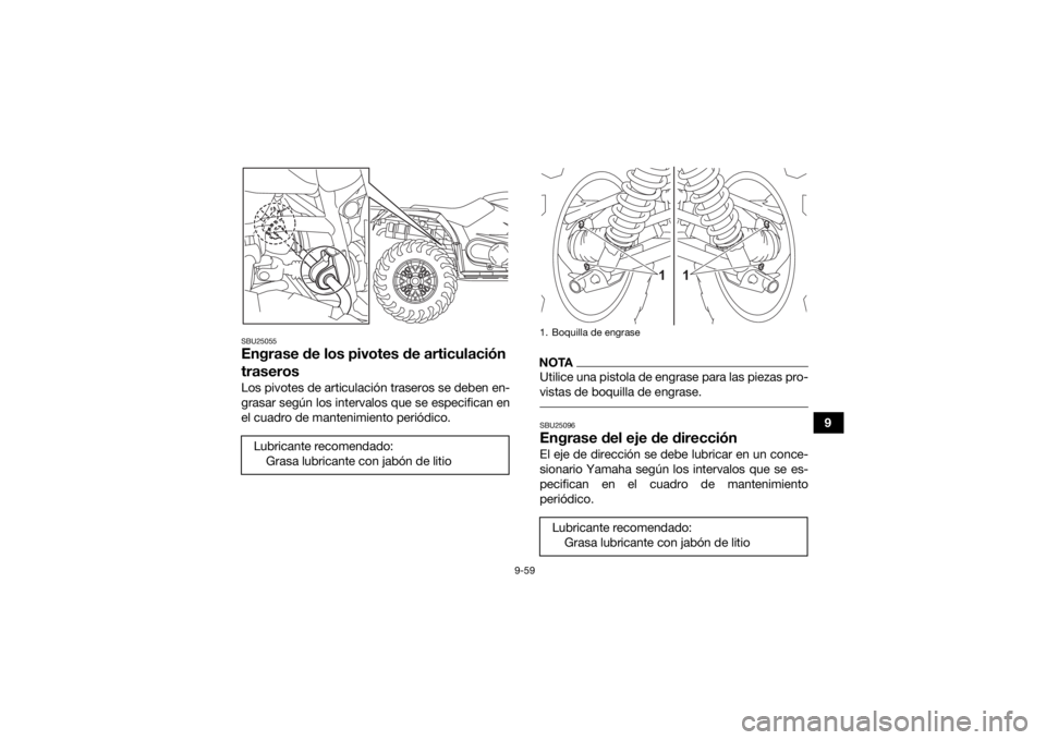 YAMAHA KODIAK 450 2021  Manuale de Empleo (in Spanish) 9-59
9
SBU25055Engrase de los pivotes de articulación 
traserosLos pivotes de articulación traseros se deben en-
grasar según los intervalos que se especifican en
el cuadro de mantenimiento periód