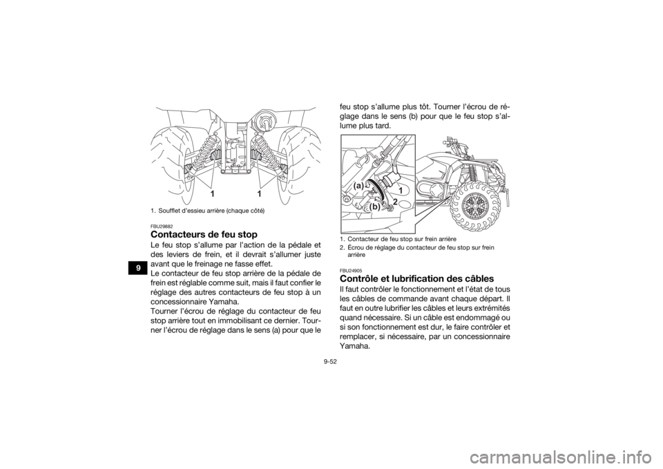 YAMAHA KODIAK 450 2021 Notices Demploi (in French) 9-52
9
FBU29882Contacteurs de feu stopLe feu stop s’allume par l’action de la pédale et
des leviers de frein, et il devrait s’allumer juste
avant que le freinage ne fasse effet.
Le contacteur d YAMAHA KODIAK 450 2021 Notices Demploi (in French) 9-52
9
FBU29882Contacteurs de feu stopLe feu stop s’allume par l’action de la pédale et
des leviers de frein, et il devrait s’allumer juste
avant que le freinage ne fasse effet.
Le contacteur d