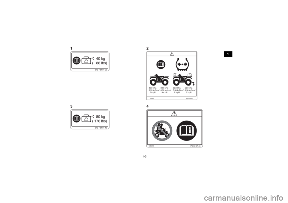YAMAHA KODIAK 450 2020  Notices Demploi (in French) 1-3
1
37S-F817R-00<  40 kg
 (   88 lbs)37S-F817R-10<  80 kg
 (  176  lbs)
1P0-F816P-20
YAMAHA BB5-F816M-M035.0 kPa
0.35 kgf/cm²
  5.0 psi30.0 kPa
0.30 kgf/cm²
  4.4 psi 50.0 kPa
0.50 kgf/cm²
  7.3 