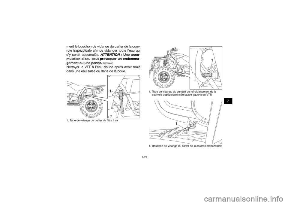 YAMAHA KODIAK 450 2020  Notices Demploi (in French) 7-22
7
ment le bouchon de vidange du carter de la cour-
roie trapézoïdale afin de vidanger toute l’eau qui
s’y serait accumulée. ATTENTION :
 Une accu-
mulation d’eau peut provoquer un endomm