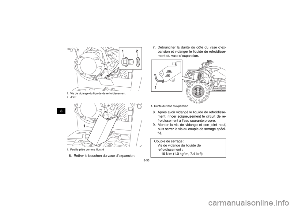 YAMAHA KODIAK 450 2018  Notices Demploi (in French) 8-33
86. Retirer le bouchon du vase d’expansion. 7. Débrancher la durite du côté du vase d’ex-
pansion et vidanger le liquide de refroidisse-
ment du vase d’expansion.
8. Après avoir vidang