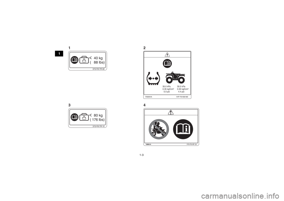YAMAHA KODIAK 450 2018  Notices Demploi (in French) 1-3
1
37S-F817R-00<  40 kg
 (   88 lbs)37S-F817R-10<  80 kg
 (  176  lbs)
35.0 kPa
0.35 kgf/cm²
  5.0 psi 30.0 kPa
0.30 kgf/cm²
  4.4 psi
1HP-F816M-M0
YA M A H A
1P0-F816P-20
12
34
UBB560F0.book  Pa