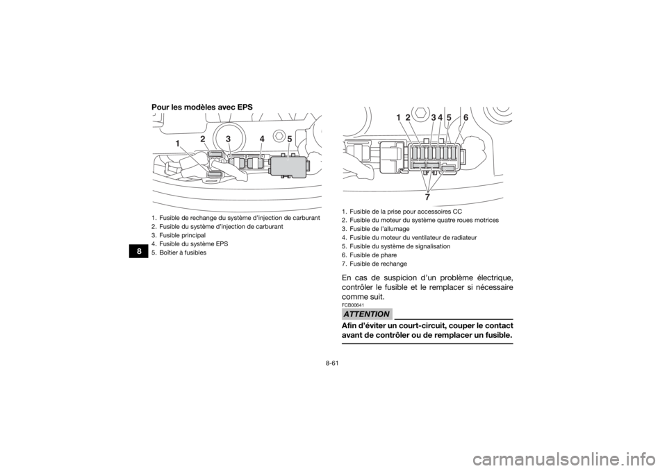YAMAHA KODIAK 450 2018  Notices Demploi (in French) 8-61
8Pour les modèles avec EPS
En cas de suspicion d’un problème électrique,
contrôler le fusible et le remplacer si nécessaire
comme suit.
ATTENTIONFCB00641Afin d’éviter un court-circuit, 
