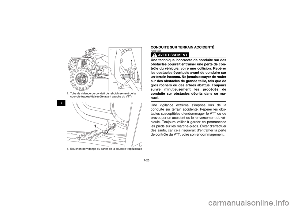 YAMAHA KODIAK 450 2018  Notices Demploi (in French) 7-23
7CONDUITE SUR TERRAIN ACCIDENTÉ
AVERTISSEMENT
FWB01652Une technique incorrecte de conduite sur des
obstacles pourrait entraîner une perte de con-
trôle du véhicule, voire une collision. Repé