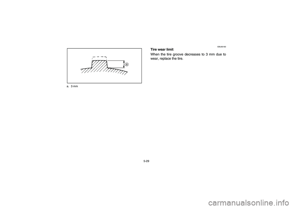 YAMAHA KODIAK 450 2004  Manuale de Empleo (in Spanish) 5-29 a. 3 mm
EBU00160
Tire wear limit
When the tire groove decreases to 3 mm due to
wear, replace the tire.
U5ND60.book  Page 29  Friday, May 10, 2002  12:10 PM 