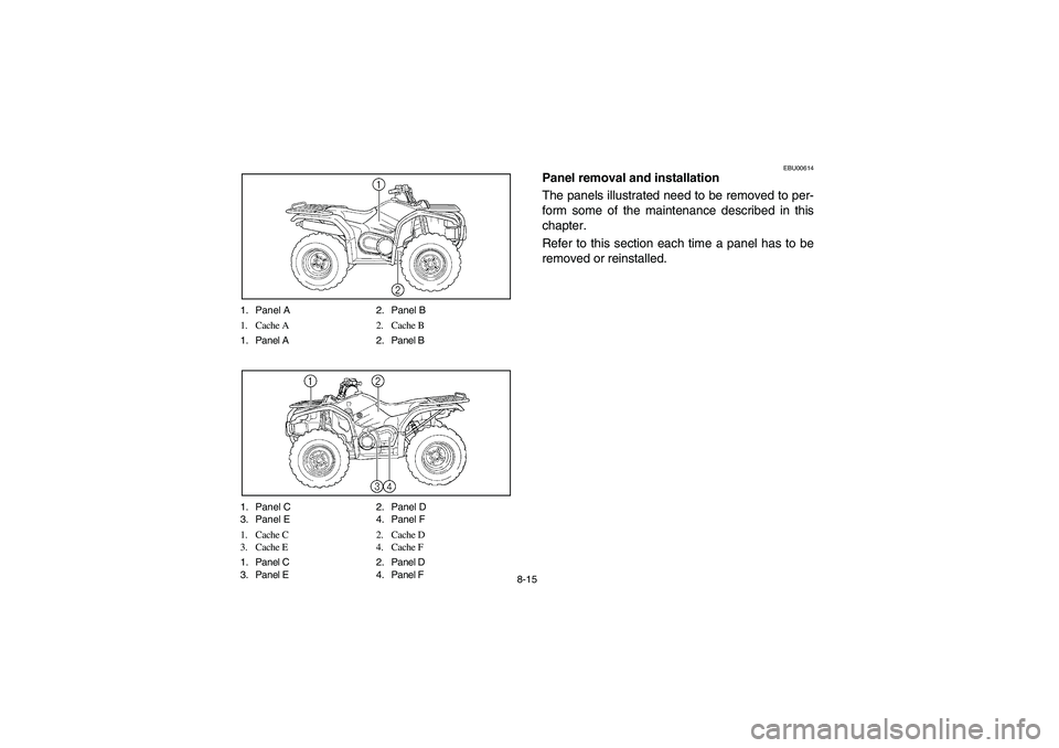 YAMAHA KODIAK 450 2004  Manuale de Empleo (in Spanish) 8-15 1. Panel A 2. Panel B
1. Cache A 2. Cache B
1. Panel A 2. Panel B
1. Panel C 2. Panel D
3. Panel E 4. Panel F
1. Cache C 2. Cache D
3. Cache E 4. Cache F
1. Panel C 2. Panel D
3. Panel E 4. Panel