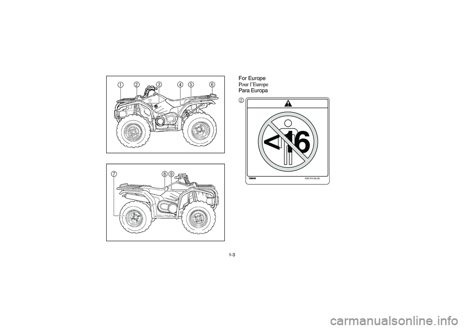 YAMAHA KODIAK 450 2004  Manuale de Empleo (in Spanish) 1-3
For Europe
Pour l’Europe
Para Europa
4XE-F415A-20
<
16
2
U5ND60.book  Page 3  Friday, May 10, 2002  12:10 PM 