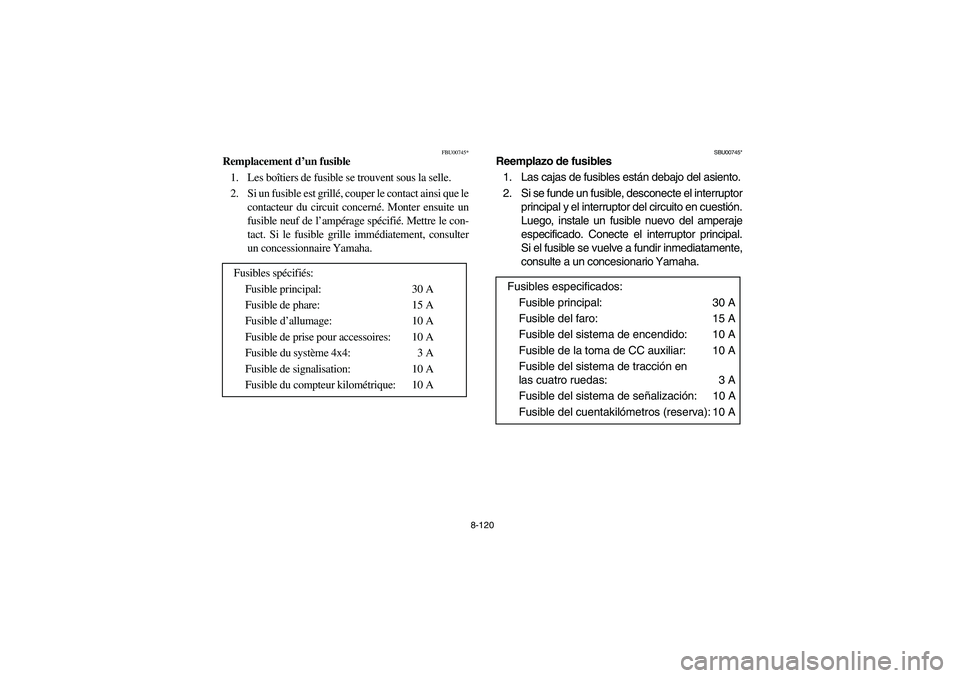 YAMAHA KODIAK 450 2004 Manuale de Empleo (in Spanish) 8-120
FBU00745*
Remplacement d’un fusible
1. Les boîtiers de fusible se trouvent sous la selle.
2. Si un fusible est grillé, couper le contact ainsi que le
contacteur du circuit concerné. Monter YAMAHA KODIAK 450 2004 Manuale de Empleo (in Spanish) 8-120
FBU00745*
Remplacement d’un fusible
1. Les boîtiers de fusible se trouvent sous la selle.
2. Si un fusible est grillé, couper le contact ainsi que le
contacteur du circuit concerné. Monter