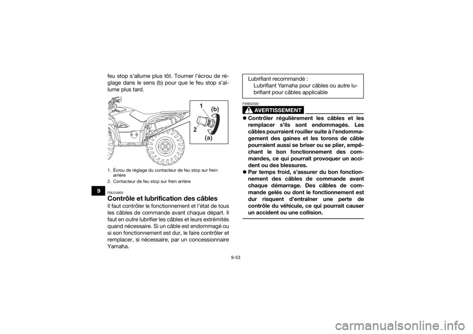 YAMAHA KODIAK 700 2022  Notices Demploi (in French) 9-53
9feu stop s’allume plus tôt. Tourner l’écrou de ré-
glage dans le sens (b) pour que le feu stop s’al-
lume plus tard.
FBU24905Contrôle et lubrification des câblesIl faut contrôler le 