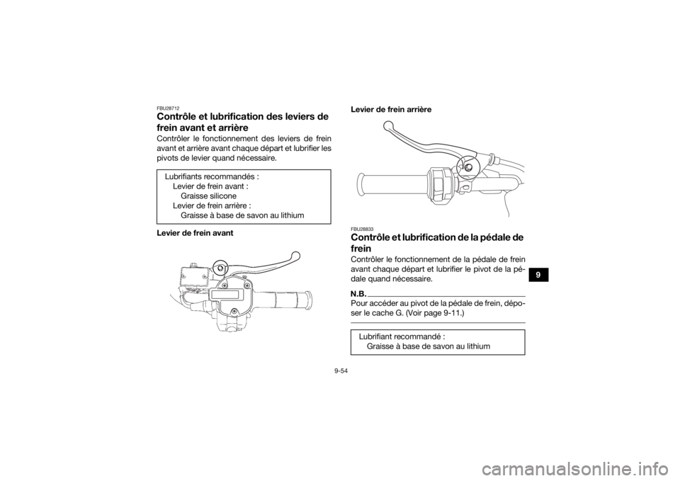 YAMAHA KODIAK 700 2022  Notices Demploi (in French) 9-54
9
FBU28712Contrôle et lubrification des leviers de 
frein avant et arrièreContrôler le fonctionnement des leviers de frein
avant et arrière avant chaque départ et lubrifier les
pivots de lev
