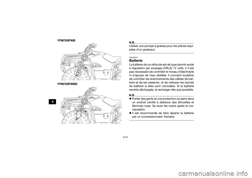 YAMAHA KODIAK 700 2022  Notices Demploi (in French) 9-57
9YFM700FWB
YFM700FWBD
N.B.Utiliser une pompe à graisse pour les pièces équi-
pées d’un graisseur. FBU2904FBatterieLa batterie de ce véhicule est de type plomb-acide
à régulation par soup