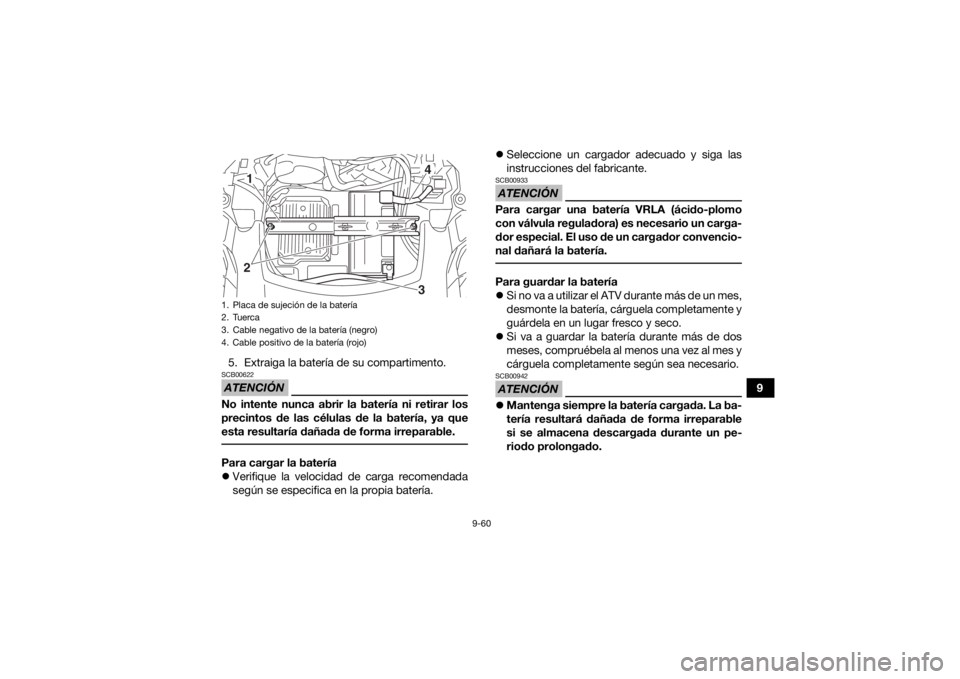 YAMAHA KODIAK 700 2020  Manuale de Empleo (in Spanish) 9-60
9
5. Extraiga la batería de su compartimento.
ATENCIÓNSCB00622No intente nunca abrir la batería ni retirar los
precintos de las células de la batería, ya que
esta resultaría dañada de form