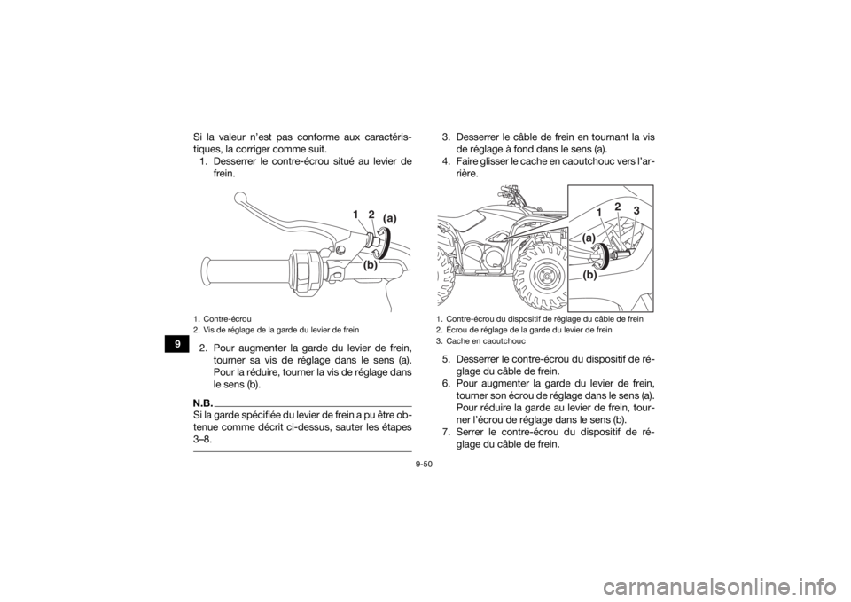 YAMAHA KODIAK 700 2020  Notices Demploi (in French) 9-50
9Si la valeur n’est pas conforme aux caractéris-
tiques, la corriger comme suit.
1. Desserrer le contre-écrou situé au levier de frein.
2. Pour augmenter la garde du levier de frein, tourner