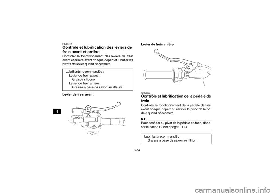 YAMAHA KODIAK 700 2020  Notices Demploi (in French) 9-54
9
FBU28712Contrôle et lubrification des leviers de 
frein avant et arrièreContrôler le fonctionnement des leviers de frein
avant et arrière avant chaque départ et lubrifier les
pivots de lev