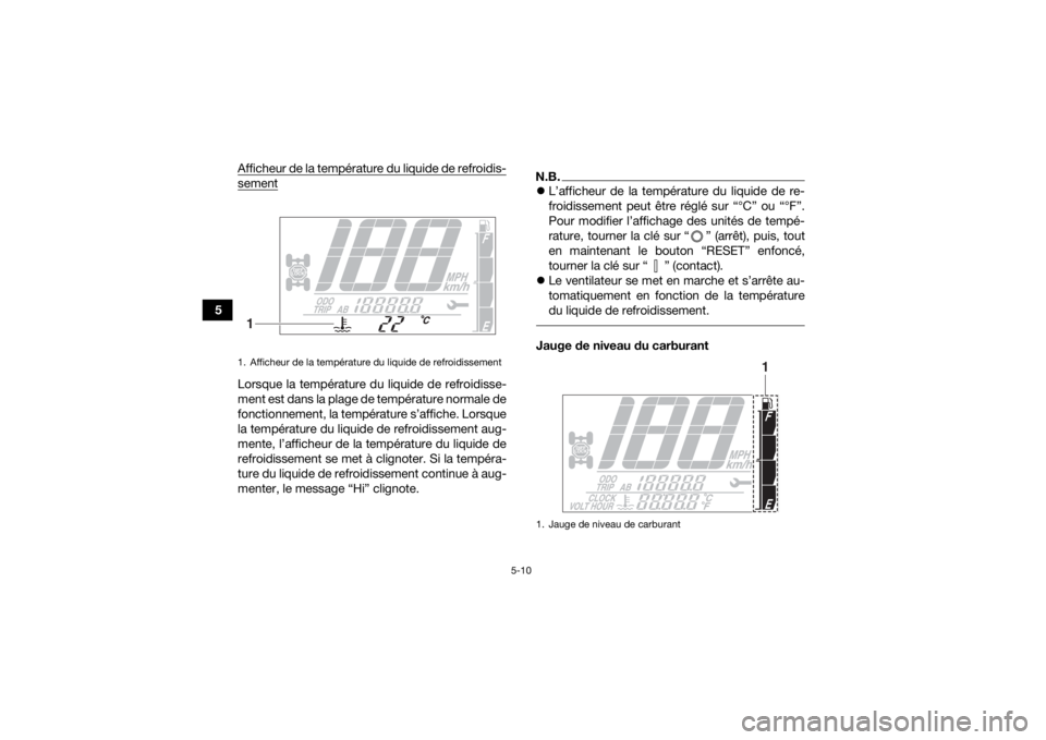 YAMAHA KODIAK 700 2020  Notices Demploi (in French) 5-10
5Afficheur de la température du liquide de refroidis-
sementLorsque la température du liquide de refroidisse-
ment est dans la plage de température normale de
fonctionnement, la température s