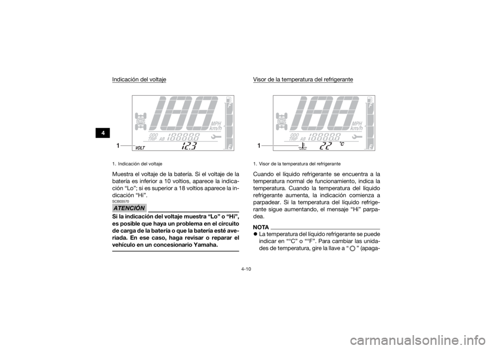 YAMAHA KODIAK 700 2019  Manuale de Empleo (in Spanish) 4-10
4Indicación del voltaje
Muestra el voltaje de la batería. Si el voltaje de la
batería es inferior a 10 voltios, aparece la indica-
ción “Lo”; si es superior a 18 voltios aparece la in-
di