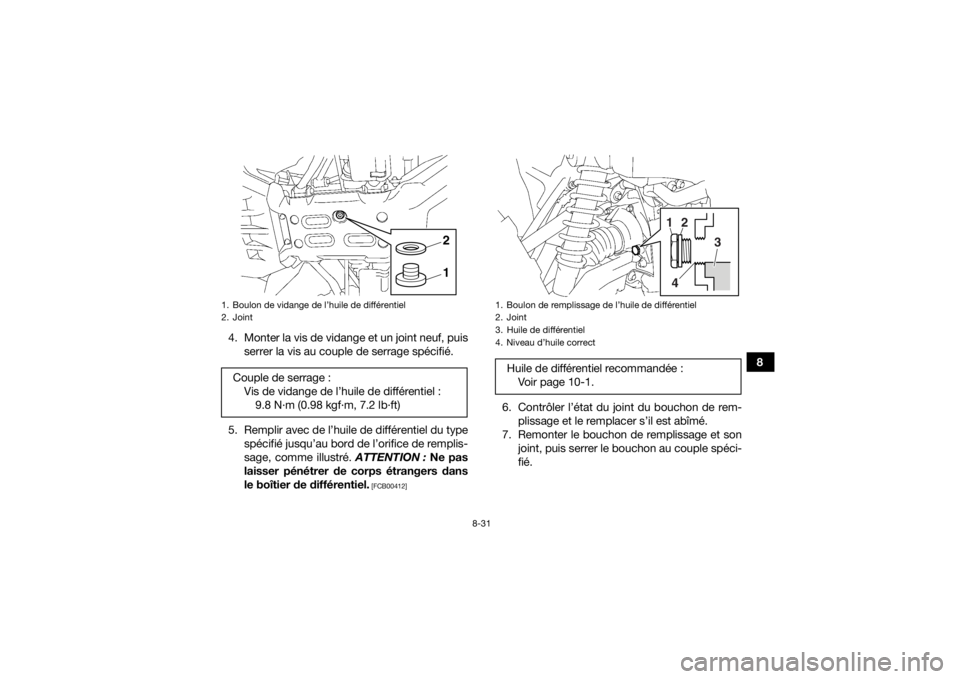 YAMAHA KODIAK 700 2019  Notices Demploi (in French) 8-31
8
4. Monter la vis de vidange et un joint neuf, puis
serrer la vis au couple de serrage spécifié.
5. Remplir avec de l’huile de différentiel du type spécifié jusqu’au bord de l’orifice
