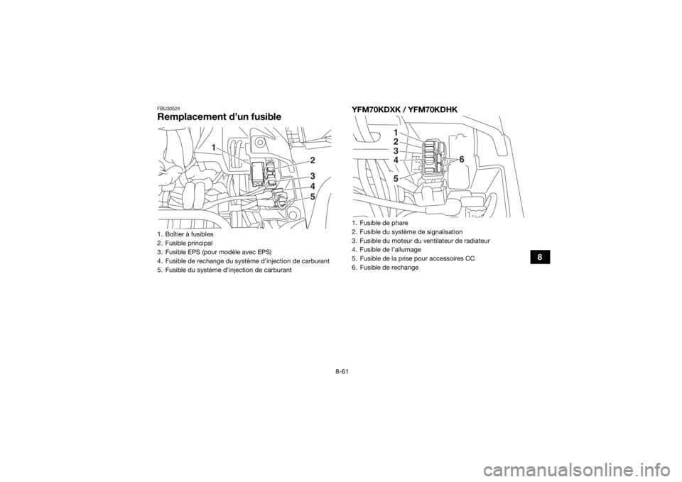 YAMAHA KODIAK 700 2019  Notices Demploi (in French) 8-61
8
FBU30524Remplacement d’un fusible
YFM70KDXK / YFM70KDHK
1. Boîtier à fusibles
2. Fusible principal
3. Fusible EPS (pour modèle avec EPS)
4. Fusible de rechange du système d’injection de