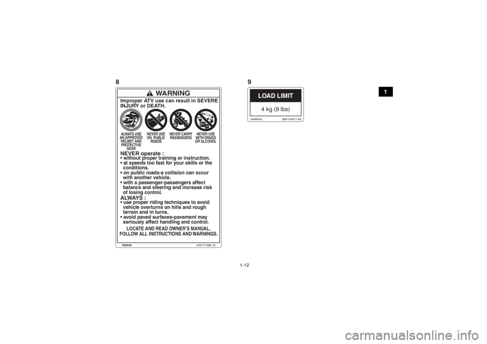 YAMAHA KODIAK 700 2019  Notices Demploi (in French) 1-12
1
WARNING
Improper ATV use can result in SEVERE
INJURY or DEATH.ALWAYS USE
AN APPROVED HELMET ANDPROTECTIVE GEAR NEVER USE
ON  PUBLIC ROADS NEVER CARRY
PASSENGERS NEVER USE
WITH DRUGS
OR ALCOHOLN