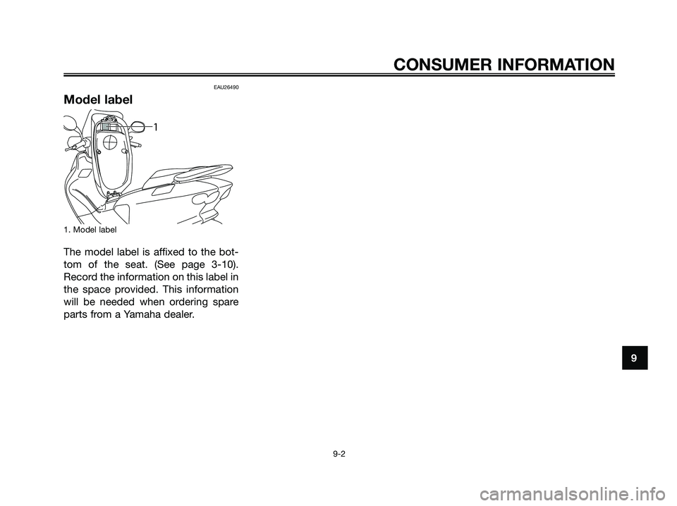 YAMAHA MAJESTY 125 2009  Owners Manual EAU26490
Model label
1. Model label
The model label is affixed to the bot-
tom of the seat. (See page 3-10).
Record the information on this label in
the space provided. This information
will be needed
