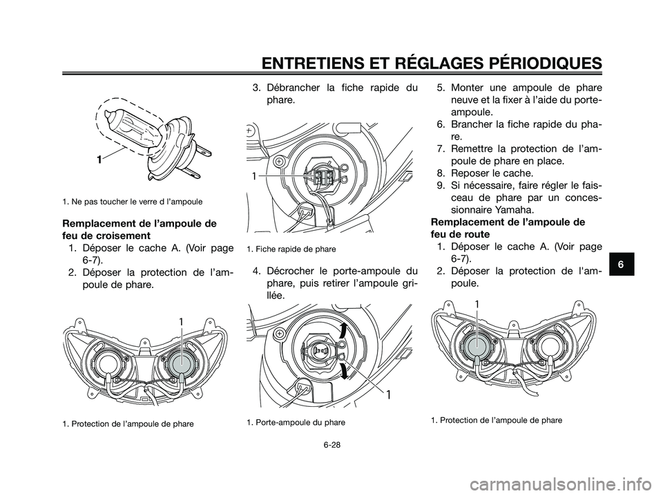 YAMAHA MAJESTY 125 2009  Notices Demploi (in French) 1. Ne pas toucher le verre d l’ampoule
Remplacement de l’ampoule de
feu de croisement
1. Déposer le cache A. (Voir page 
6-7).
2. Déposer la protection de l’am-
poule de phare.
1. Protection d