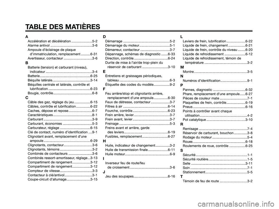 YAMAHA MAJESTY 125 2009  Notices Demploi (in French) AAccélération et décélération ......................5-2
Alarme antivol ............................................3-6
Ampoule d’éclairage de plaque
d’immatriculation, remplacement .........
