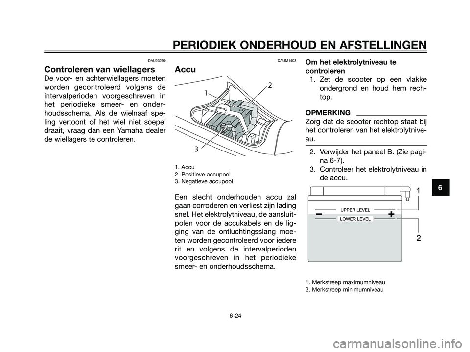 YAMAHA MAJESTY 125 2009  Instructieboekje (in Dutch) DAU23290
Controleren van wiellagers
De voor- en achterwiellagers moeten
worden gecontroleerd volgens de
intervalperioden voorgeschreven in
het periodieke smeer- en onder-
houdsschema. Als de wielnaaf 
