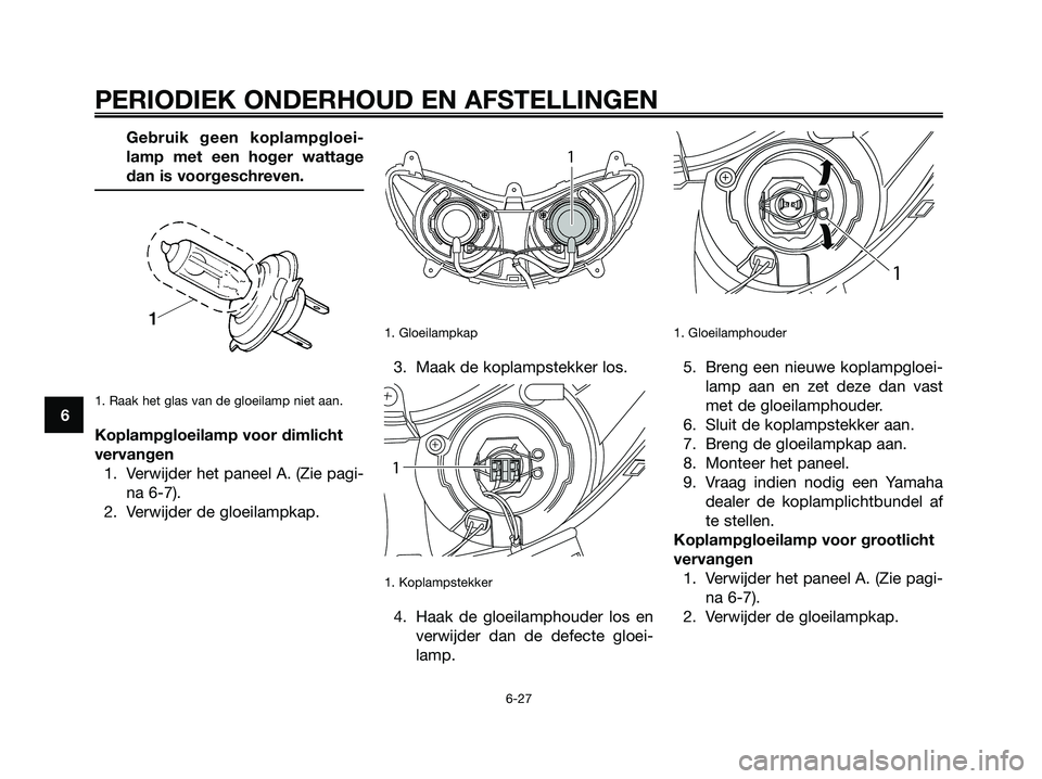 YAMAHA MAJESTY 125 2009  Instructieboekje (in Dutch) Gebruik geen koplampgloei-
lamp met een hoger wattage
dan is voorgeschreven.
1. Raak het glas van de gloeilamp niet aan.
Koplampgloeilamp voor dimlicht
vervangen
1. Verwijder het paneel A. (Zie pagi-
