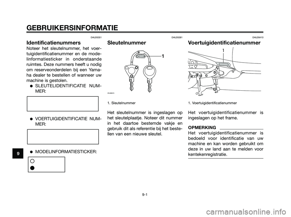 YAMAHA MAJESTY 125 2009  Instructieboekje (in Dutch) DAU26351
Identificatienummers
Noteer het sleutelnummer, het voer-
tuigidentificatienummer en de mode-
linformatiesticker in onderstaande
ruimtes. Deze nummers heeft u nodig
om reserveonderdelen bij ee