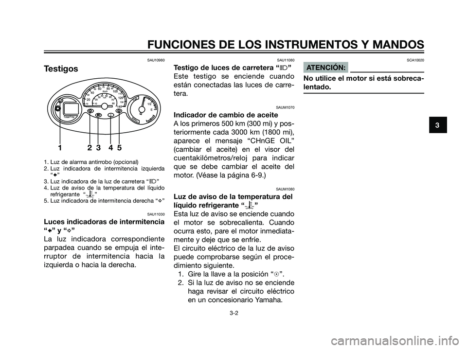 YAMAHA MAJESTY 125 2008 Manuale de Empleo (in Spanish) SAU10980
Testigos
1. Luz de alarma antirrobo (opcional)
2. Luz indicadora de intermitencia izquierda
“
c”
3. Luz indicadora de la luz de carretera “j”
4. Luz de aviso de la temperatura del lí YAMAHA MAJESTY 125 2008 Manuale de Empleo (in Spanish) SAU10980
Testigos
1. Luz de alarma antirrobo (opcional)
2. Luz indicadora de intermitencia izquierda
“
c”
3. Luz indicadora de la luz de carretera “j”
4. Luz de aviso de la temperatura del lí