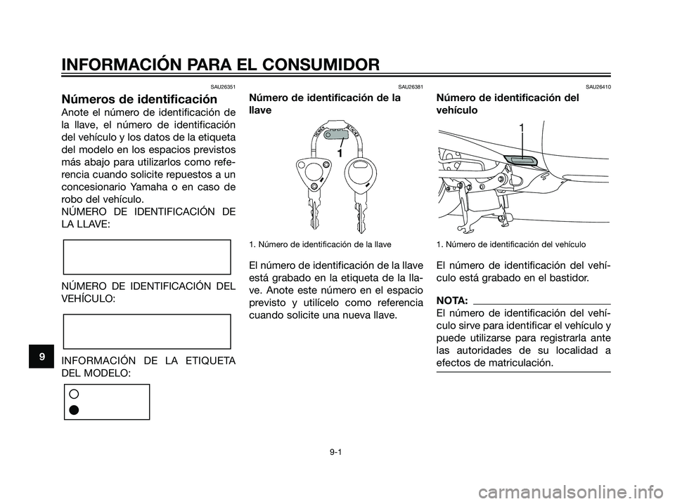 YAMAHA MAJESTY 125 2008 Manuale de Empleo (in Spanish) SAU26351
Números de identificación
Anote el número de identificación de
la llave, el número de identificación
del vehículo y los datos de la etiqueta
del modelo en los espacios previstos
más a YAMAHA MAJESTY 125 2008 Manuale de Empleo (in Spanish) SAU26351
Números de identificación
Anote el número de identificación de
la llave, el número de identificación
del vehículo y los datos de la etiqueta
del modelo en los espacios previstos
más a