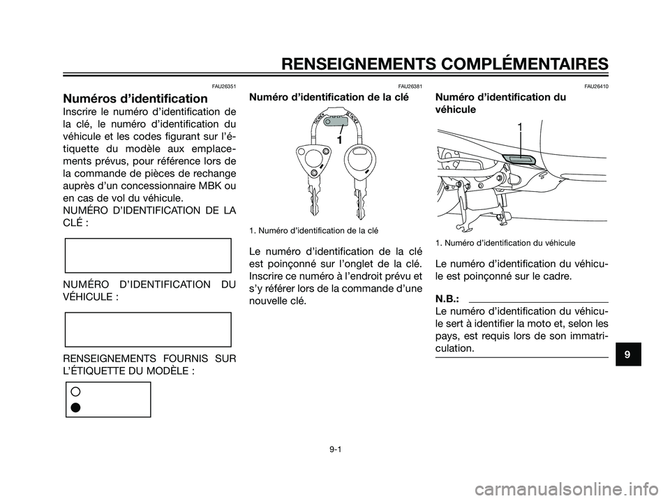 YAMAHA MAJESTY 125 2008  Notices Demploi (in French) FAU26351
Numéros d’identification
Inscrire le numéro d’identification de
la clé, le numéro d’identification du
véhicule et les codes figurant sur l’é-
tiquette du modèle aux emplace-
me