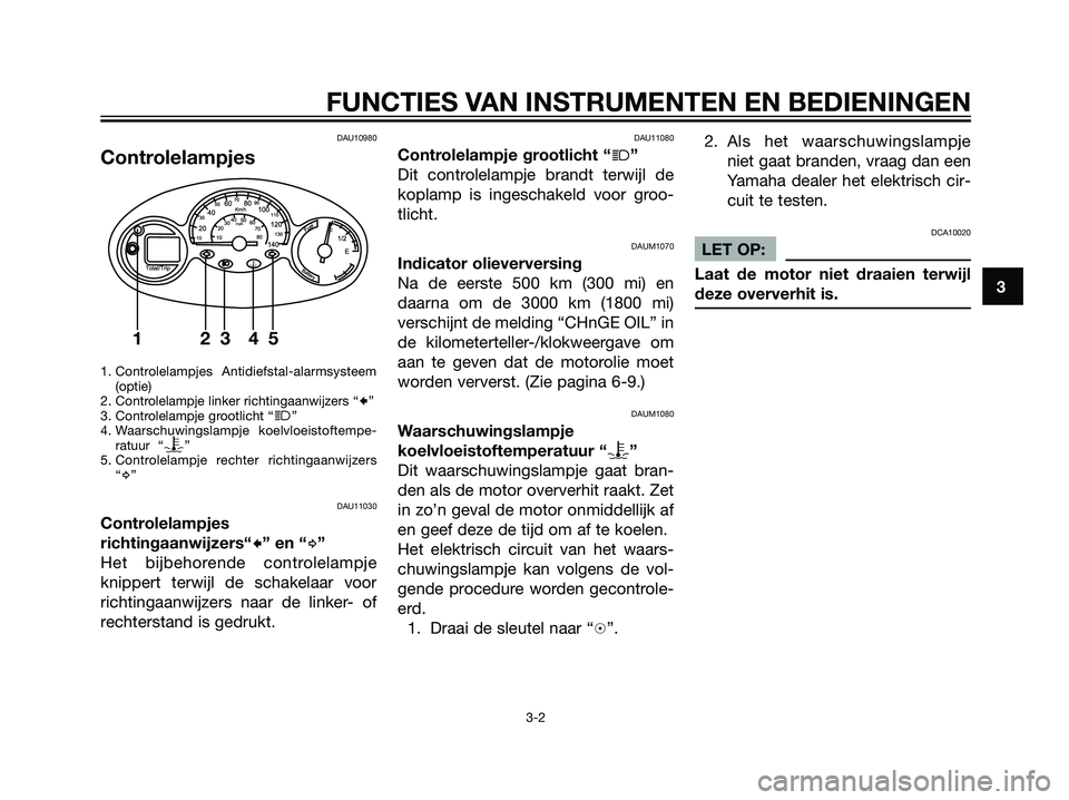 YAMAHA MAJESTY 125 2008  Instructieboekje (in Dutch) DAU10980
Controlelampjes
1. Controlelampjes  Antidiefstal-alarmsysteem
(optie)
2. Controlelampje linker richtingaanwijzers “
c”
3. Controlelampje grootlicht “j”
4. Waarschuwingslampje  koelvlo