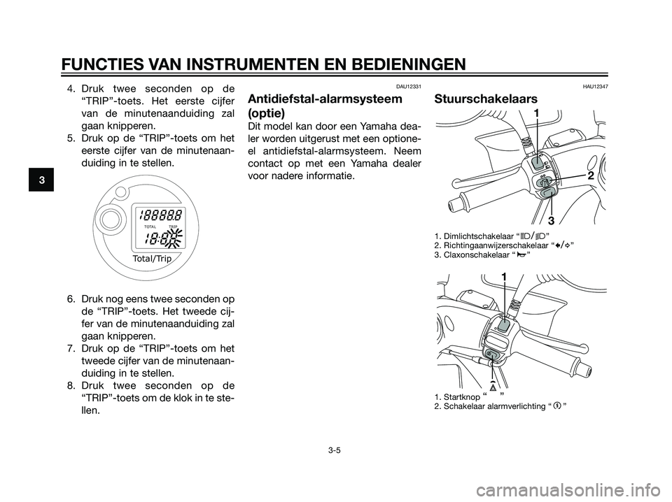 YAMAHA MAJESTY 125 2008  Instructieboekje (in Dutch) 3
FUNCTIES VAN INSTRUMENTEN EN BEDIENINGEN
3-5
4. Druk twee seconden op de
“TRIP”-toets. Het eerste cijfer
van de minutenaanduiding zal
gaan knipperen.
5. Druk op de “TRIP”-toets om het
eerste