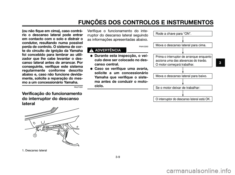 YAMAHA MAJESTY 125 2006 Manual de utilização (in Portuguese) (ou não fique em cima), caso contrá-
rio o descanso lateral pode entrar
em contacto com o solo e distrair o
condutor, resultando numa possível
perda de controlo. O sistema de cor-
te do circuito de YAMAHA MAJESTY 125 2006 Manual de utilização (in Portuguese) (ou não fique em cima), caso contrá-
rio o descanso lateral pode entrar
em contacto com o solo e distrair o
condutor, resultando numa possível
perda de controlo. O sistema de cor-
te do circuito de
