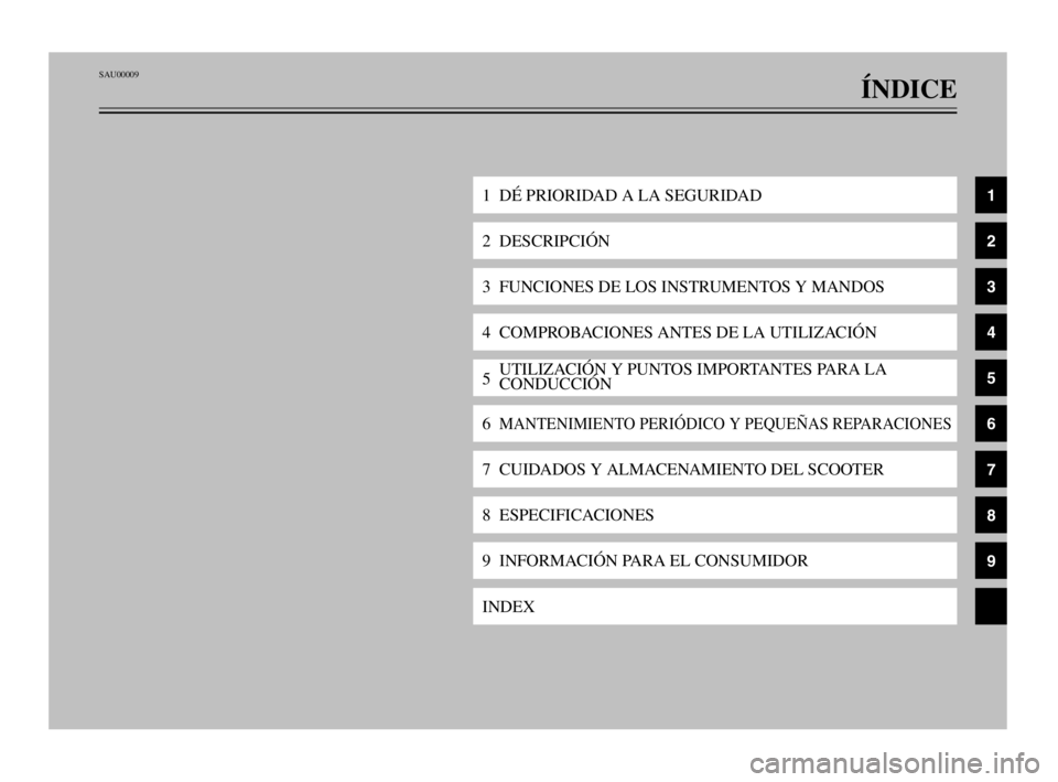 YAMAHA MAJESTY 250 2003  Manuale de Empleo (in Spanish) SAU00009
ÍNDICE
1  DÉ PRIORIDAD A LA SEGURIDAD
2  DESCRIPCIÓN
3  FUNCIONES DE LOS INSTRUMENTOS Y MANDOS
4  COMPROBACIONES ANTES DE LA UTILIZACIÓN
5UTILIZACIÓN Y PUNTOS IMPORTANTES PARA LA 
CONDUC